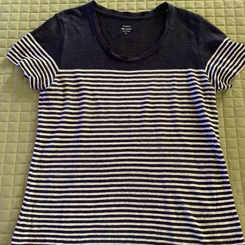 JCREW 100 % Linen, short sleeve, Navy and White shirt